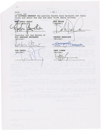 Lot #1028 Traveling Wilburys: Dylan, Harrison, Petty, and Lynne sign over the rights to Orbison’s ‘Not Alone Anymore’ from the Wilburys’ first album - Image 2