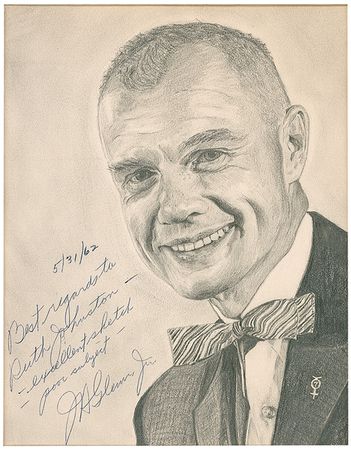 Lot #632 Mercury 7: Vintage sketches of the Mercury astronauts done by a NASA employee and signed by their subjects, including “poor subject” John Glenn - Image 6