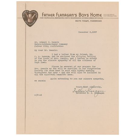 Lot #330 Father E. J. Flanagan: Father Flanagan offers condolences to Mannix on the loss of his wife—who Mannix may have had killed - Image 2