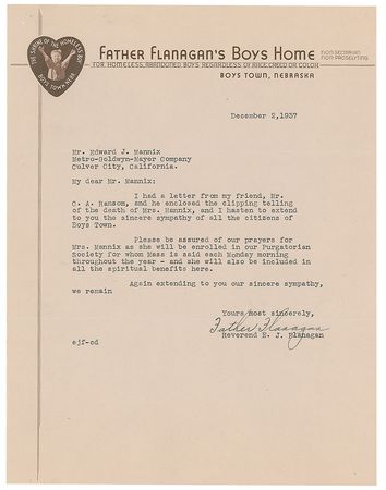 Lot #330 Father E. J. Flanagan: Father Flanagan offers condolences to Mannix on the loss of his wife—who Mannix may have had killed - Image 1
