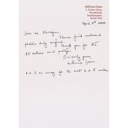 Lot #450 Titanic: Millvina Dean Handwritten Letter Signed - Image 2