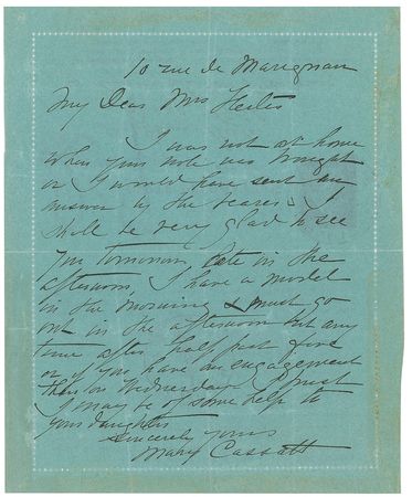 Lot #695 Mary Cassatt: In rare correspondence from France, Mary Cassatt pushes back a meeting to paint: “I have a model in the morning” - Image 1