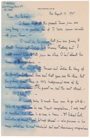 Lot #1031 Franz Waxman: Waxman pitches a musical score for Thalberg and Cukor’s Romeo and Juliet as “the purest and the most eternal—MOZART!” - Image 1