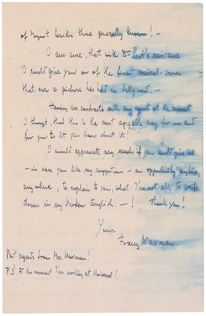 Lot #1031 Franz Waxman: Waxman pitches a musical score for Thalberg and Cukor’s Romeo and Juliet as “the purest and the most eternal—MOZART!” - Image 2