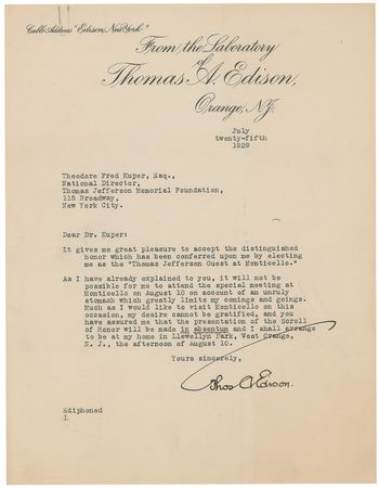 Lot #319 Thomas Edison: The Thomas Jefferson Foundation pays homage to Edison from afar: 