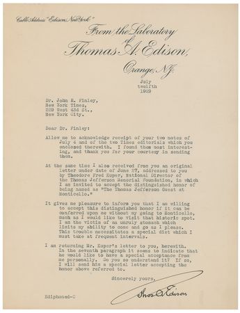 Lot #319 Thomas Edison: The Thomas Jefferson Foundation pays homage to Edison from afar: 