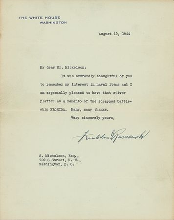 Lot #168 Franklin D. Roosevelt: “I am especially pleased to have that silver platter as a memento of the scrapped battleship Florida” - Image 1