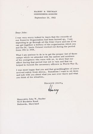 Lot #189 Harry S. Truman: Truman reminisces: “You and I went through a great many summers together with a great many youngsters whom we trained to become officers in the second World War” - Image 1