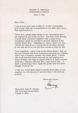 Lot #189 Harry S. Truman: Truman reminisces: “You and I went through a great many summers together with a great many youngsters whom we trained to become officers in the second World War” - Image 2