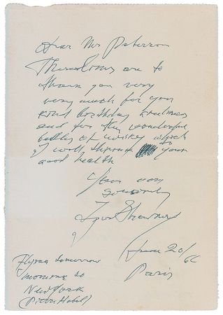 Lot #973 Igor Stravinsky: “Thank you very very much for...the wonderful bottle of whiskey which I will drink to your good health” - Image 1