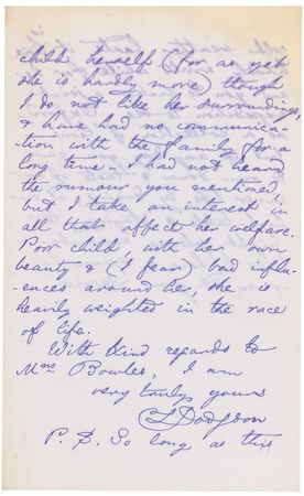 Lot #719 Charles L. Dodgson: A rare letter dominated by Dodgson’s love of young girls, asking after a child actress whose beauty captivated him and sharing a photo of his favorite young muse ‘Xie’ - Image 3