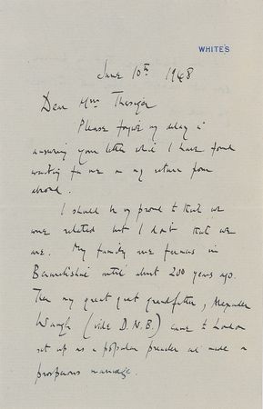 Lot #852 Evelyn Waugh: Waugh refutes a family association to Thesiger’s wife: “I am pretty sure that my pedigree does not connect anywhere with the one you sent me” - Image 1