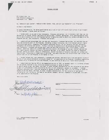 Lot #1475 Ted Williams: Williams agrees to appear on ‘America’s Most Wanted: Final Justice’ and ‘Manhunter.’ - Image 1