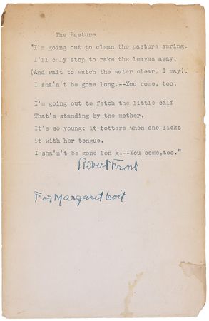 Lot #741 Robert Frost: Frost inscribes his reassuring poem, ?The Pasture? - Image 1
