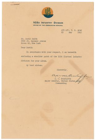 Lot #524 Anthony McAuliffe: General McAuliffe sends an admirer his infantry division’s patch - Image 1