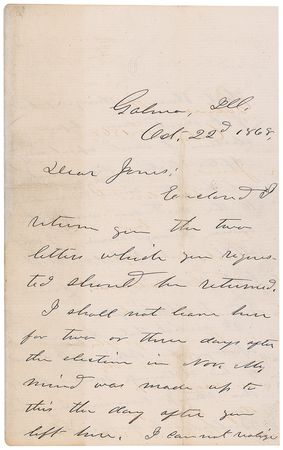 Lot #121 U. S. Grant: Twelve days before the heated presidential election of 1868, Grant evaluates the potential for assassination: “I cannot realize that there is danger; but if it should come before election it would upset everything” - Image 1