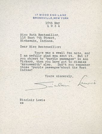 Lot #774 Sinclair Lewis: Lewis criticizes his own work as ?purple? - Image 1