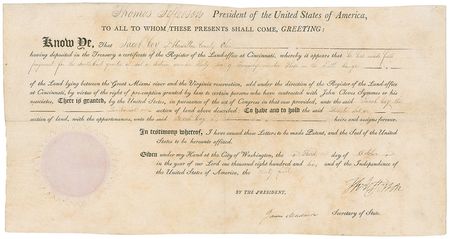 Lot #133 Thomas Jefferson and James Madison: The United States’ third and fourth presidents boldly sign an Ohio land grant - Image 1