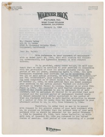 Lot #1243 Claude Rains Signed Document - Image 1