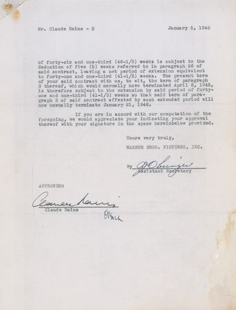 Lot #1243 Claude Rains Signed Document - Image 2