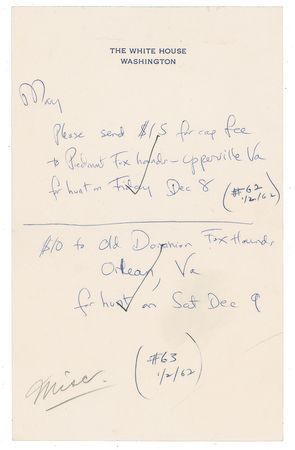 Lot #141 Jacqueline Kennedy: The first lady sends payments for two hunting trips - Image 1