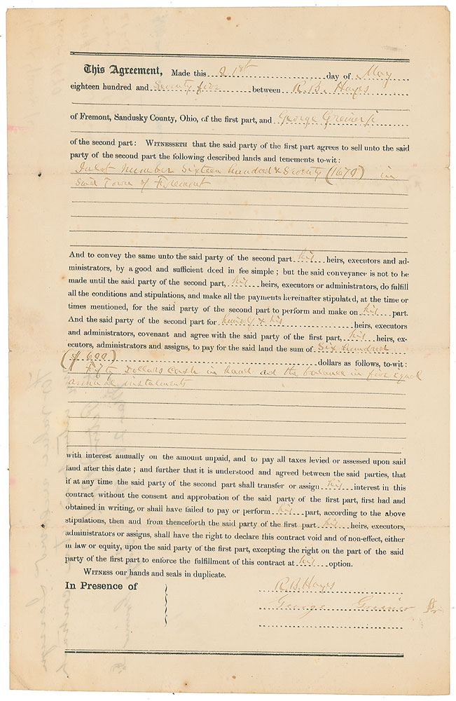 Lot 134 Rutherford B. Hayes: Hayes draws up an agreement for a real estate sale, signing twice