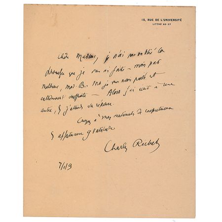 Lot #388 Charles Richet Handwritten Letter Signed - Image 2