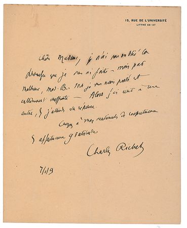 Lot #388 Charles Richet Handwritten Letter Signed - Image 1
