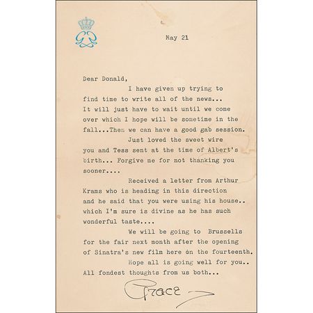 Lot #1227 Grace Kelly: ?We will be going to Brussells for the fair next month after the opening of Sinatra?s new film here? - Image 2