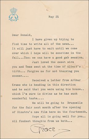 Lot #1227 Grace Kelly: ?We will be going to Brussells for the fair next month after the opening of Sinatra?s new film here? - Image 1