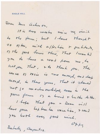 Lot #367 Robert Oppenheimer: Writing a “poor form of a bread & butter letter,” Oppenheimer recalls solace at Acheson’s farm - Image 1