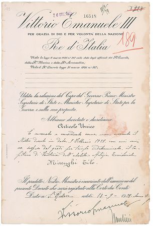 Lot #356 Benito Mussolini and Vittorio Emanuele III Signed Document - Image 1
