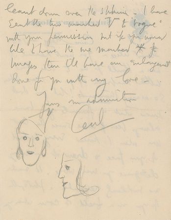Lot #669 Cecil Beaton: Highlighting a letter with two original sketches, Beaton praises a model: “It was a thrill for me to take these little snapshots of you. I have taken so many thousands!” - Image 1