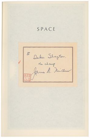 Lot #773 James Michener: Michener presents a copy of Space to a Mercury astronaut - Image 2