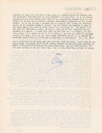 Lot #319 Kennedy Assassination: Clay Shaw Typed Letter Signed - Image 1