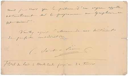 Lot #943 Camille Saint-Saens: Saint-Saens plans his performance: ?The presence of an organ calls naturally for my Symphony in C minor? - Image 1