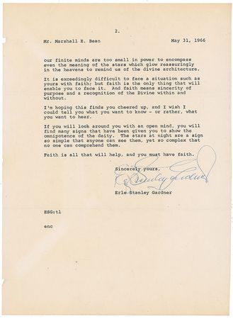 Lot #728 Erle Stanley Gardner: “Our finite minds are too small in power to encompass even the meaning of the stars which glow reassuringly in the heavens” - Image 1