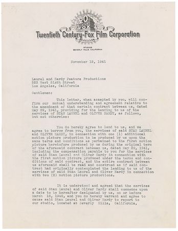 Lot #1231 Stan Laurel: Laurel and Hardy loan themselves to 20th Century Fox - Image 2