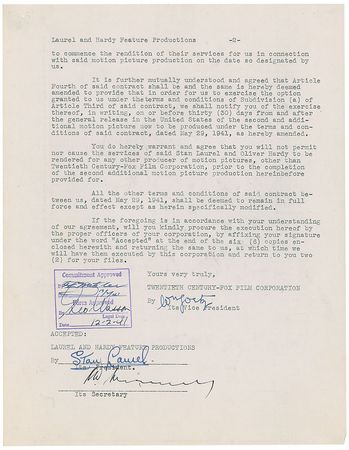 Lot #1231 Stan Laurel: Laurel and Hardy loan themselves to 20th Century Fox - Image 1