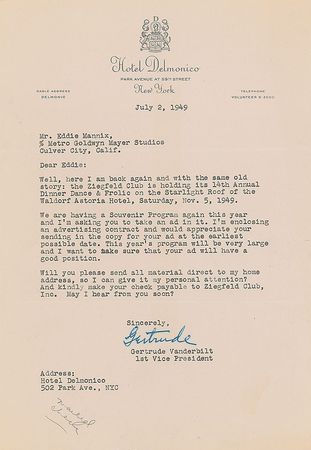 Lot #850 Gertrude Vanderbilt Typed Letters Signed - Image 1