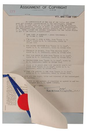Lot #976 Jerome Kern: Kern surrenders the copyrights of eight of his works with Wodehouse - Image 1
