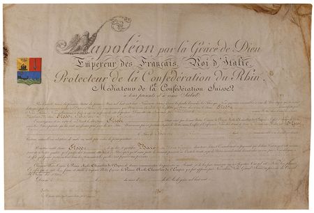 Lot #358 Napoleon: Emporor Napoleon grants nobility on an ornate document adorned with a color crest - Image 3