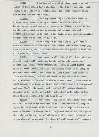 Lot #1225 Hedy Lamarr: The Hollywood bombshell disinherits her adopted son in a dramatic Last Will: ?I have intentionally omitted all of my heirs who are not specifically mentioned herein?I specifically exclude James Markey? - Image 1