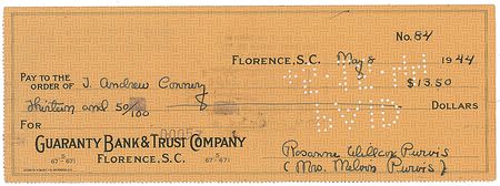 Lot #451 Melvin Purvis Check - Image 1