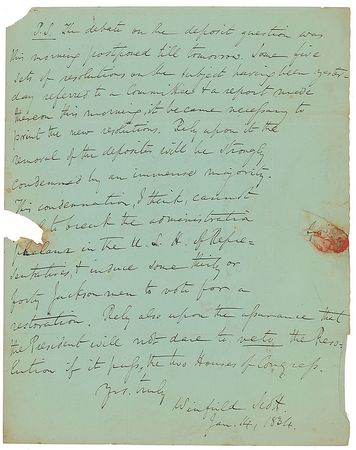 Lot #539 Winfield Scott: “The President will not dare to veto the Resolution if it passes the two Houses of Congress” - Image 2