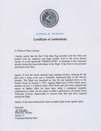 Lot #648 Al Worden: New York state flag carried to lunar orbit - Image 1