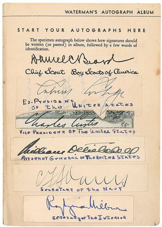 Lot #409 Watermanâ??s Autograph Book: Superb Watermanâ??s album with over 300 signatures including Hemingway, Berlin, Ouimet, Foxx, the Mayo Brothers, and Rivera - Image 4