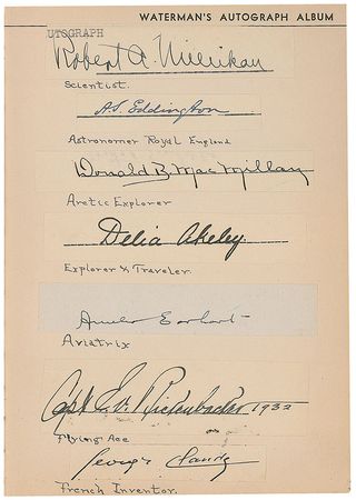 Lot #411 Waterman’s Autograph Book: Well-rounded Waterman book signed by almost 100, including Churchill, Gershwin, Earhart, Mack, and Bobby Jones - Image 3