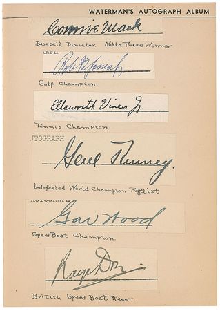 Lot #411 Waterman’s Autograph Book: Well-rounded Waterman book signed by almost 100, including Churchill, Gershwin, Earhart, Mack, and Bobby Jones - Image 1