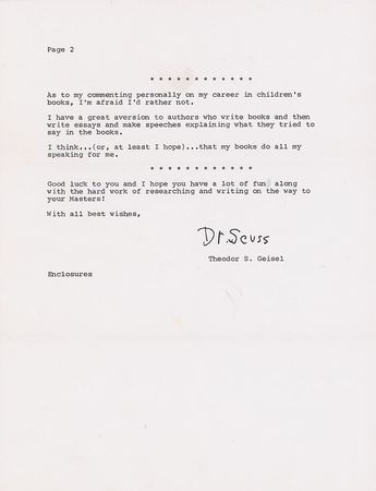 Lot #821 Dr. Seuss: Seuss helps a woman with her Masters work, stopping short of an endorsement: ?I have a great aversion to authors who write books and then write essays and speeches explaining what they tried to say in the books? - Image 1
